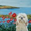 Labradoodle_painting_Judy Henn_dog on beach painting_Poppies_original dog art